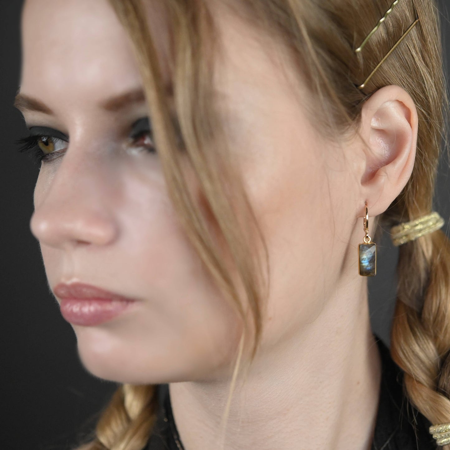 Golden Huggie with Rectangle Semi Precious Earrings