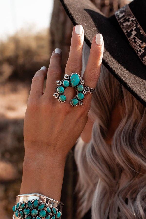 Turquoise & Silver Squash Blossom Adjustable Ring