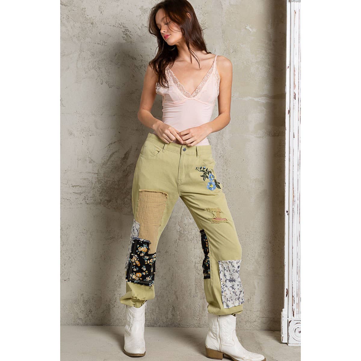 Embroidered Patchwork detail Jogger Pants