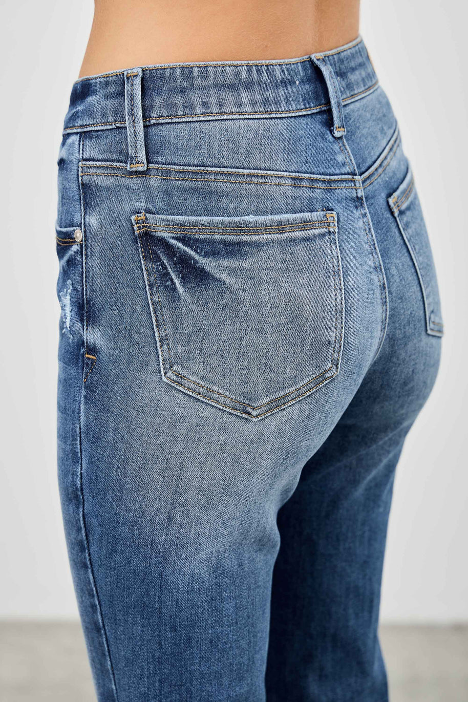 Mid-Rise Boot Cut Distressed Jean