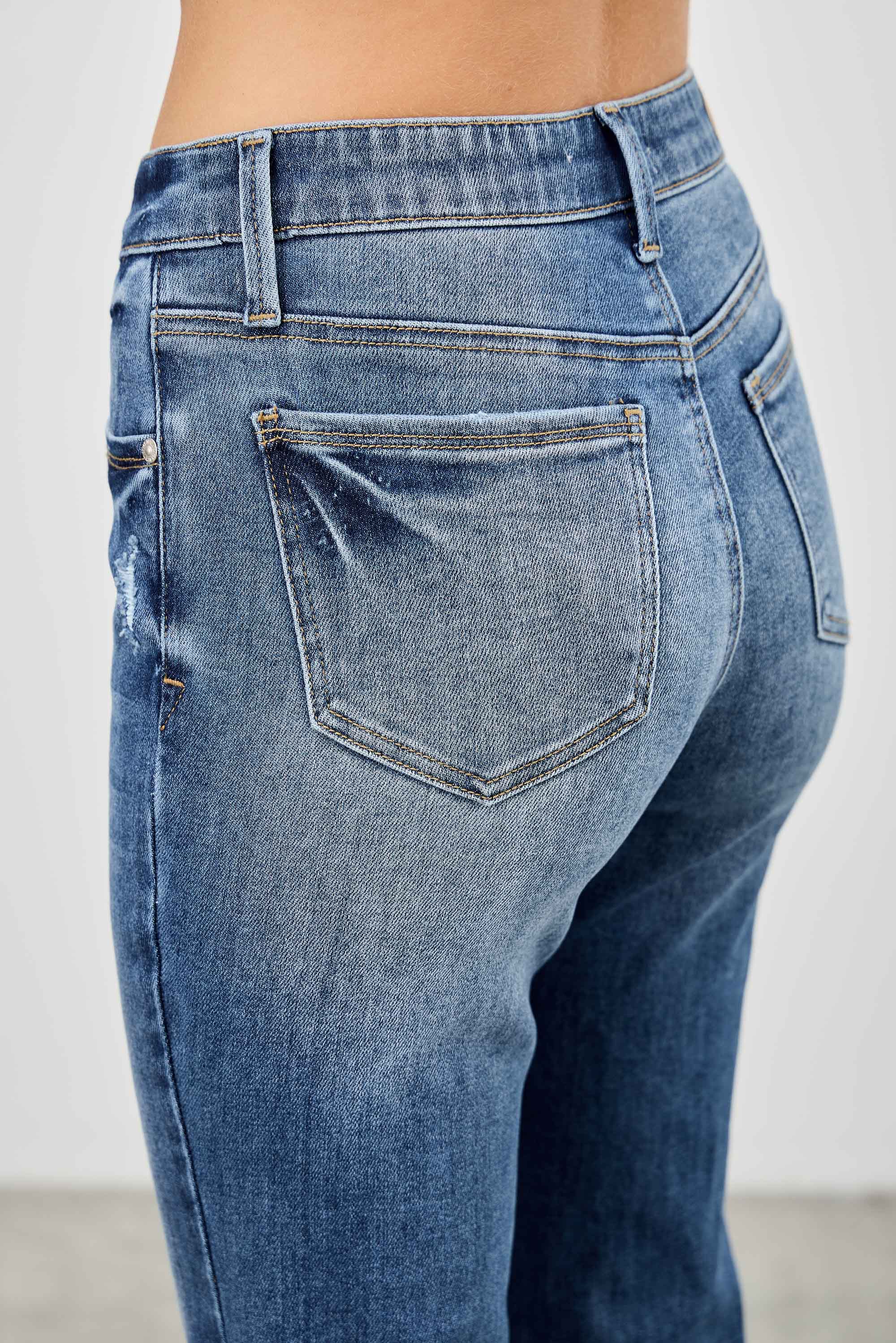 Mid-Rise Boot Cut Distressed Jean