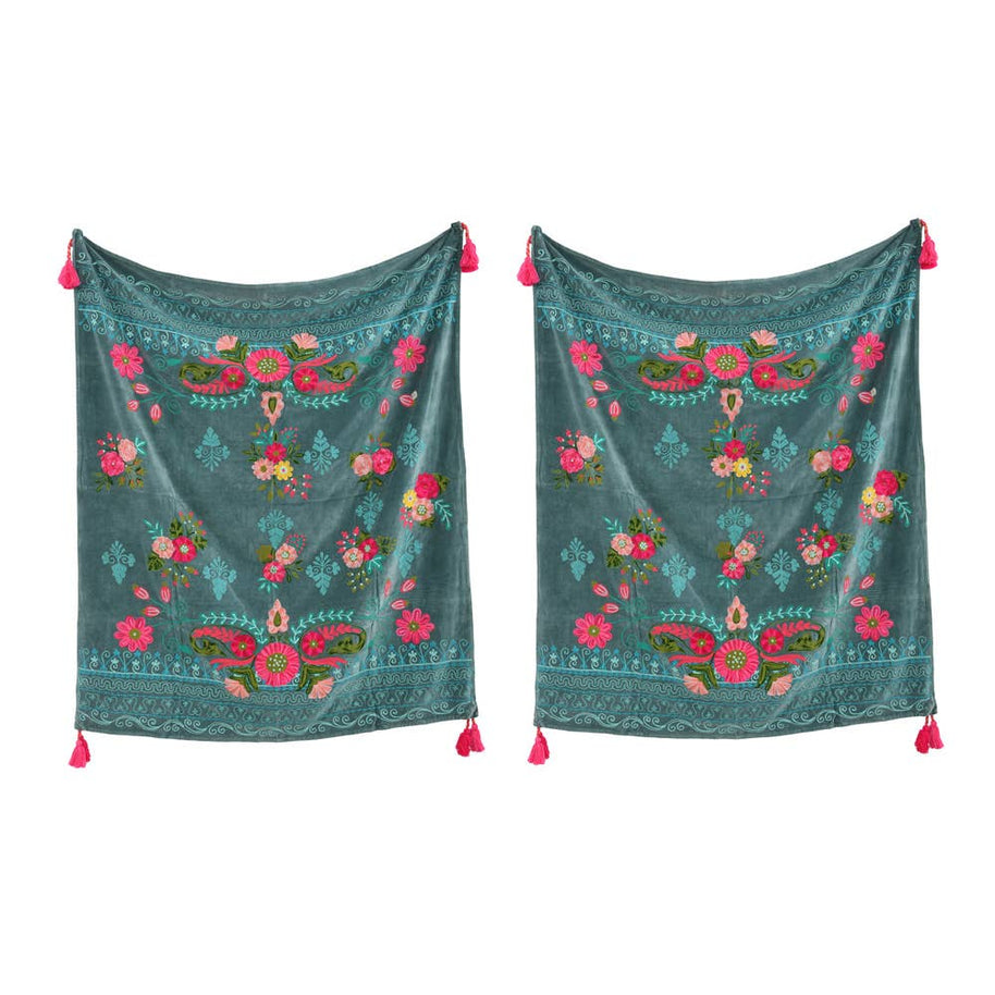 Blue Velvet Embroidered Throw, 44X60"