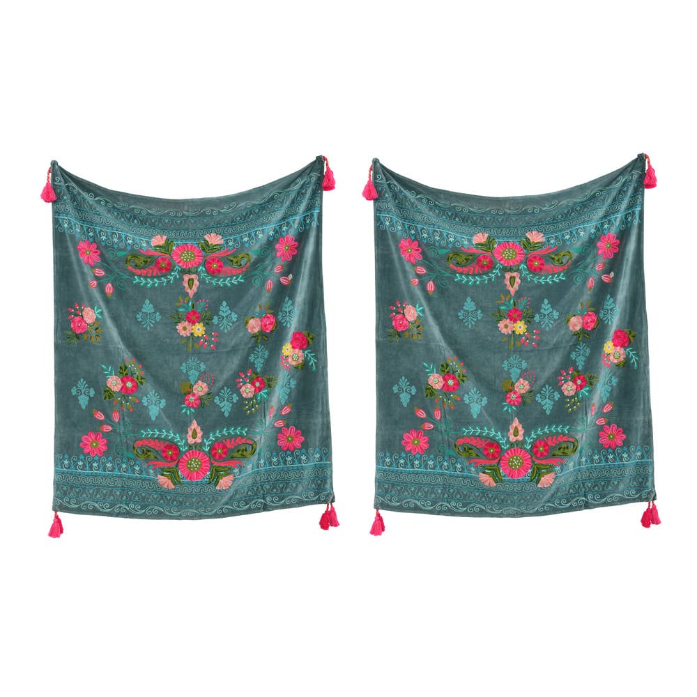 Blue Velvet Embroidered Throw, 44X60