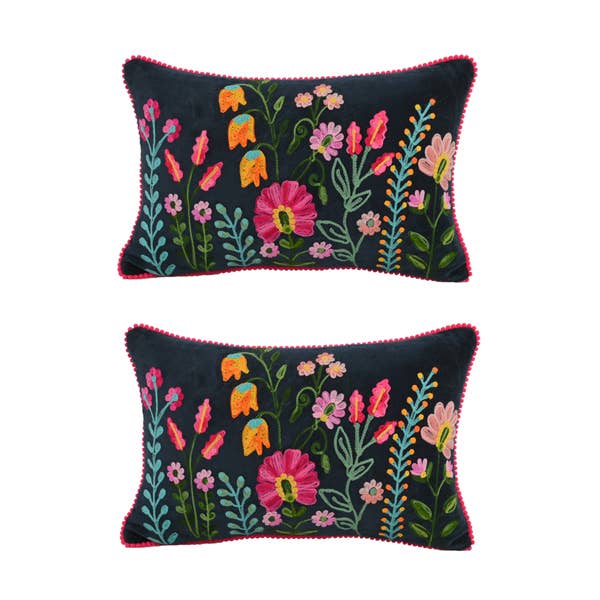 Embroidered Navy Pillow, 12x18"