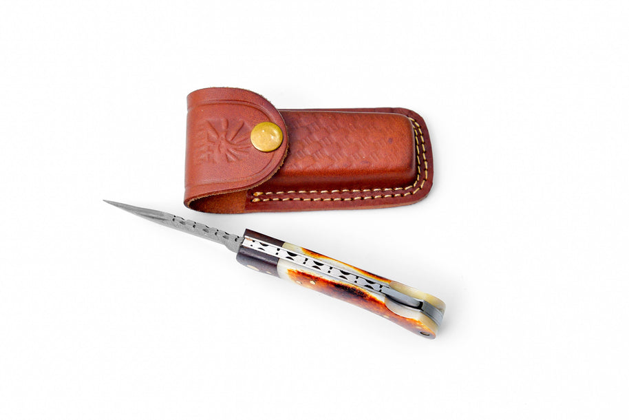 Damascus Burnt Bone pocket knife Limited Run