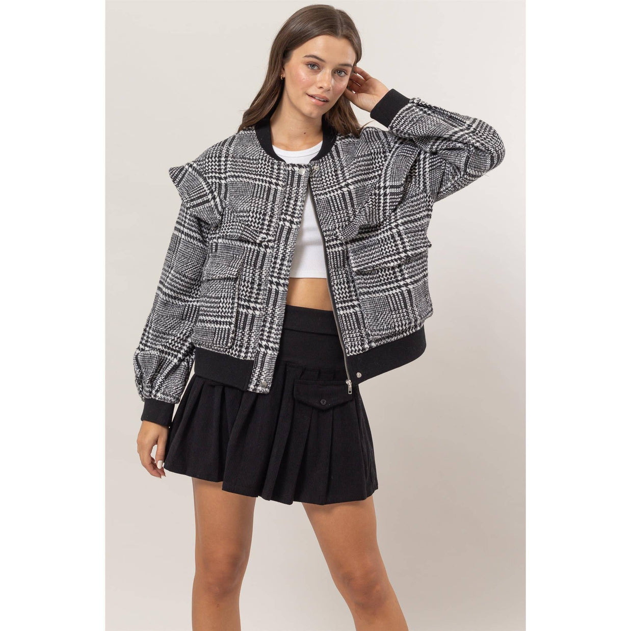 Plaid Ruffle Bomber Jacket