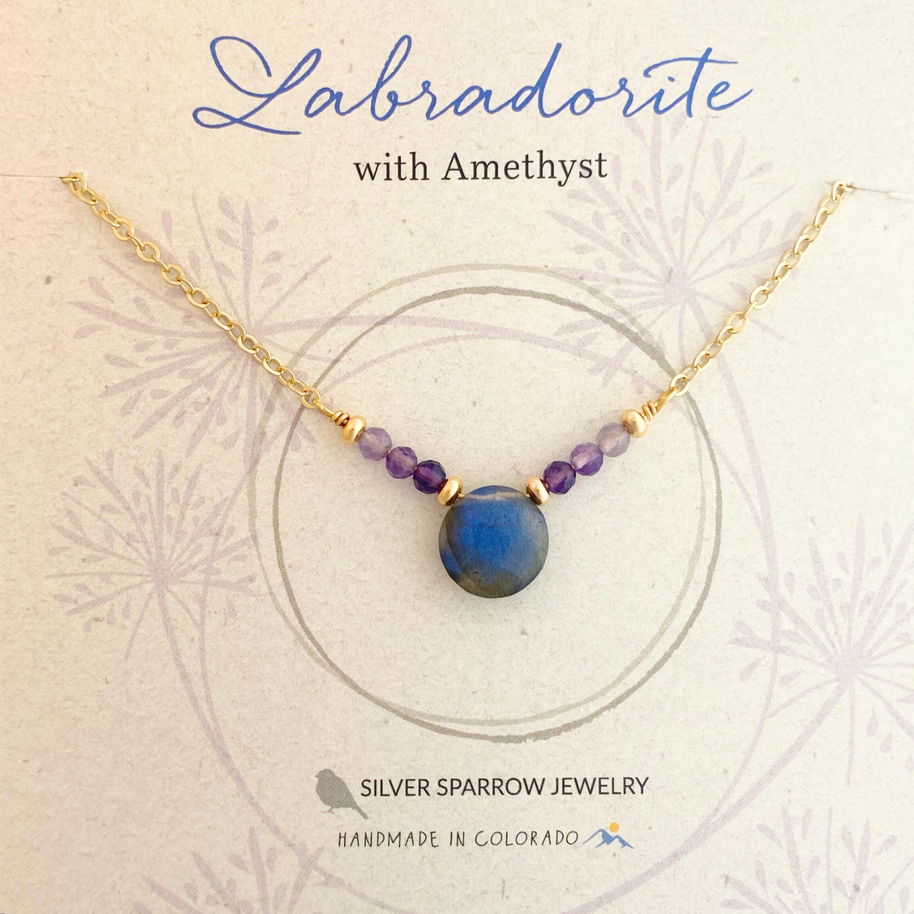 Labradorite and amethyst small circle necklace