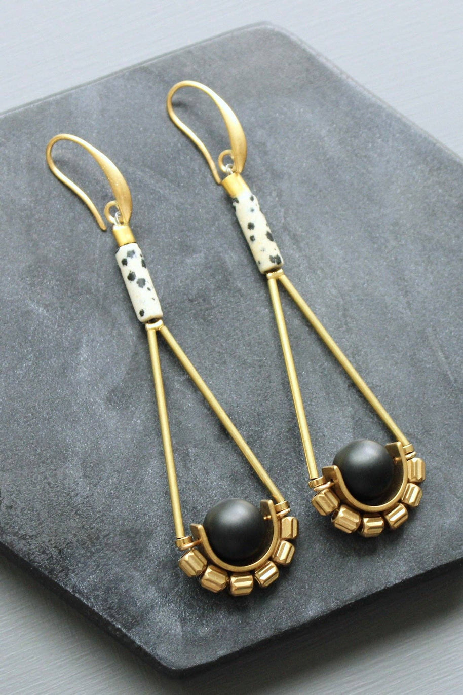 Dalmatian jasper and jet glass earrings