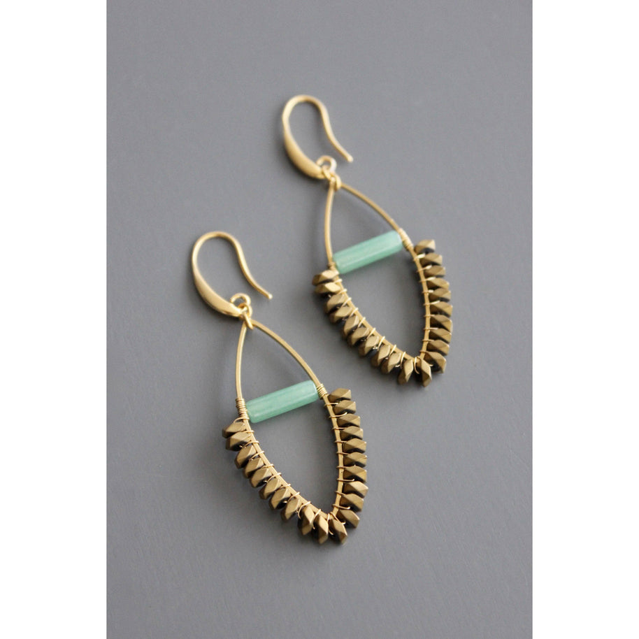 Jade and gold hematite wire wrapped earrings