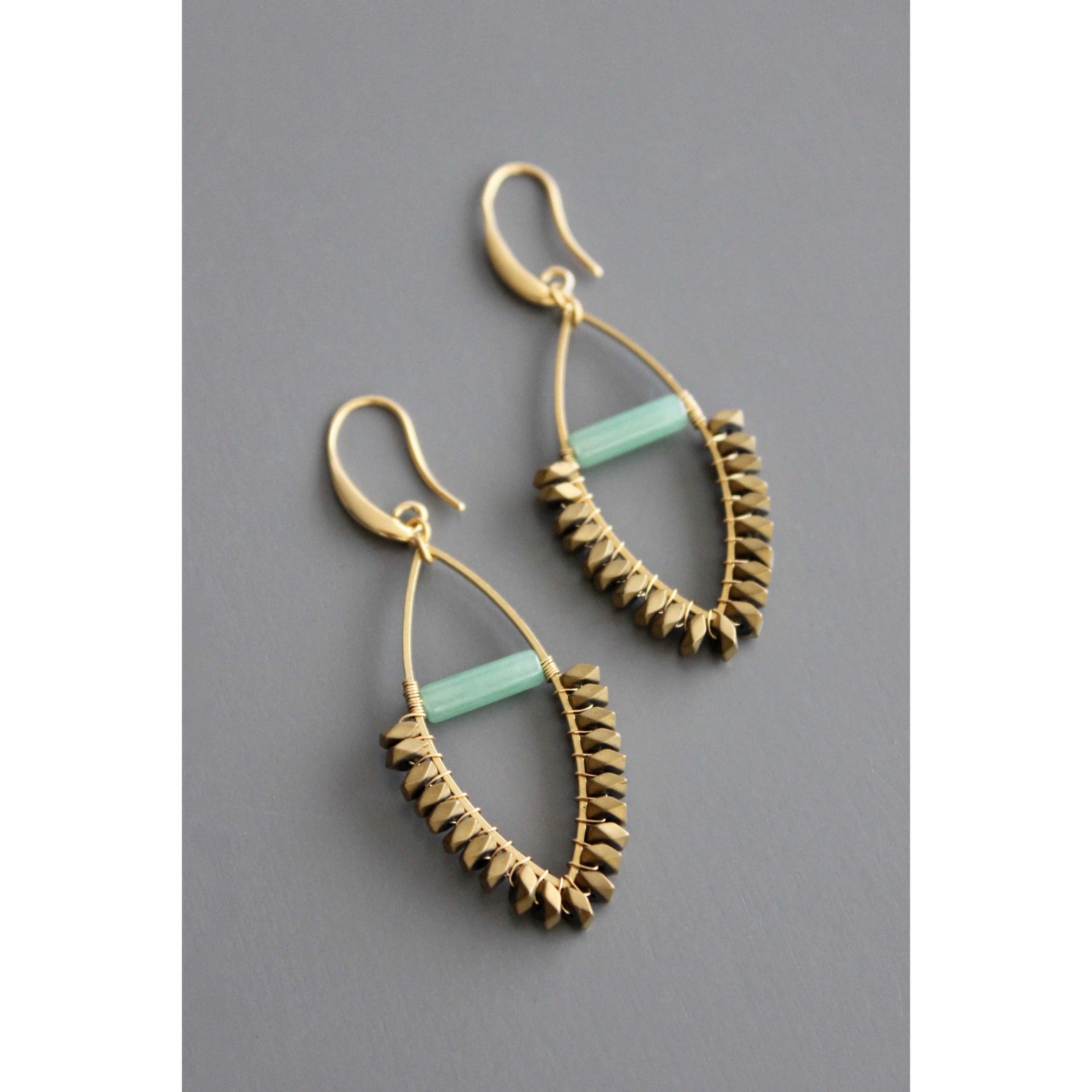 Jade and gold hematite wire wrapped earrings