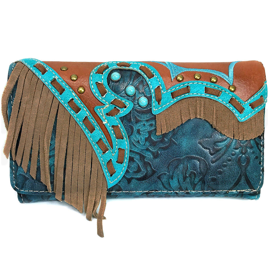 Suede Fringe Western Floral Crossbody Wallet