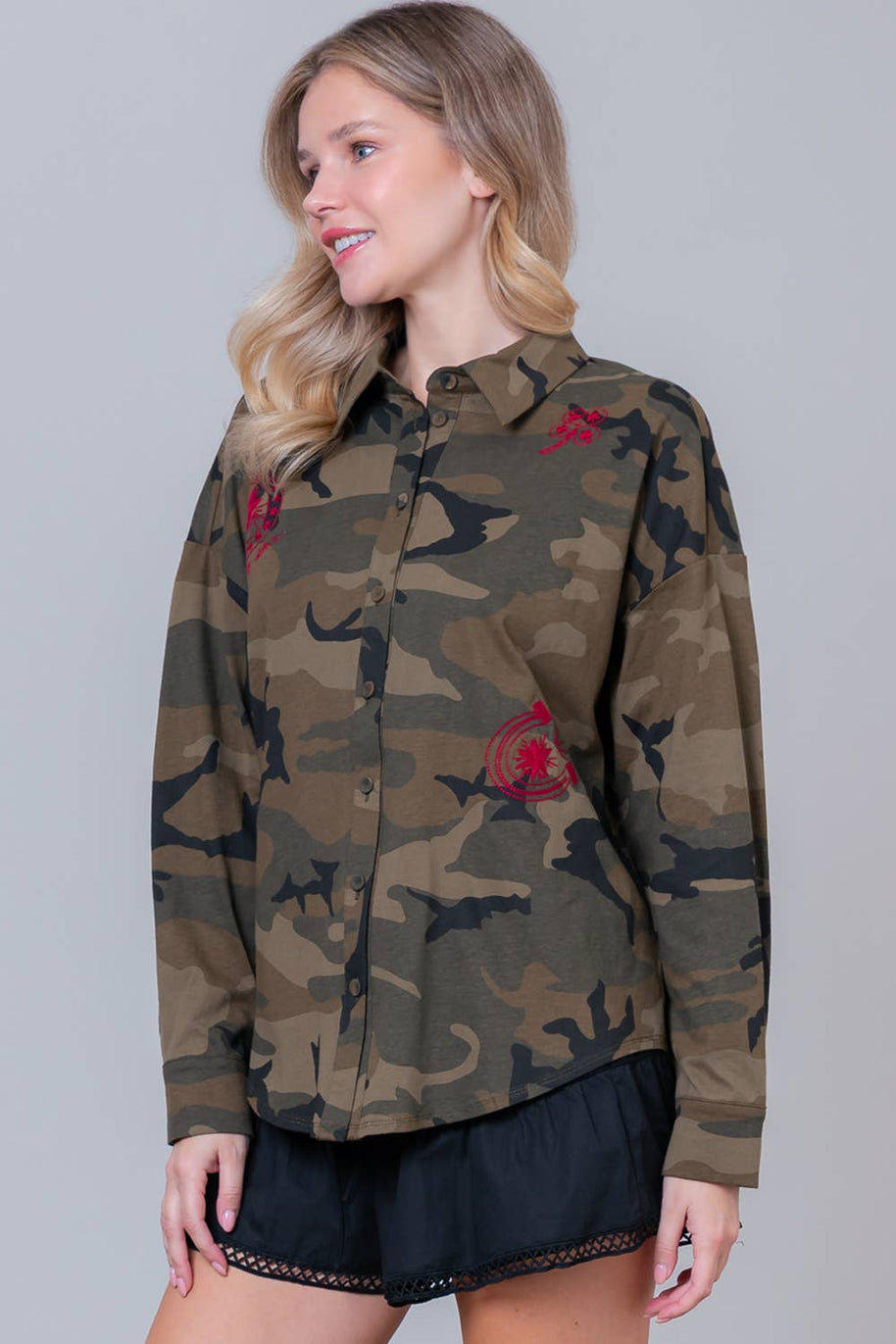 Camo Button-Down with Embroidered Roses