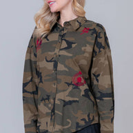 Camo Button-Down with Embroidered Roses