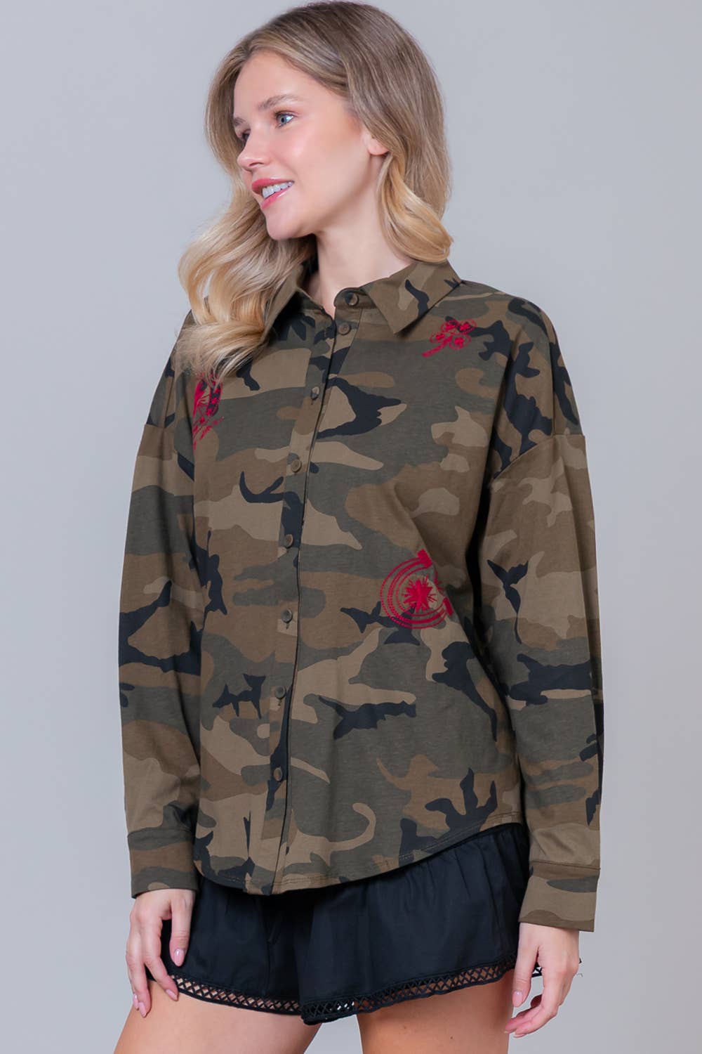 Camo Button-Down with Embroidered Roses