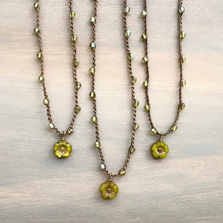 Petite Olivine Crystal Flower Crocheted Necklace