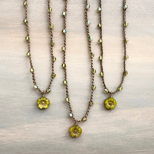 Petite Olivine Crystal Flower Crocheted Necklace