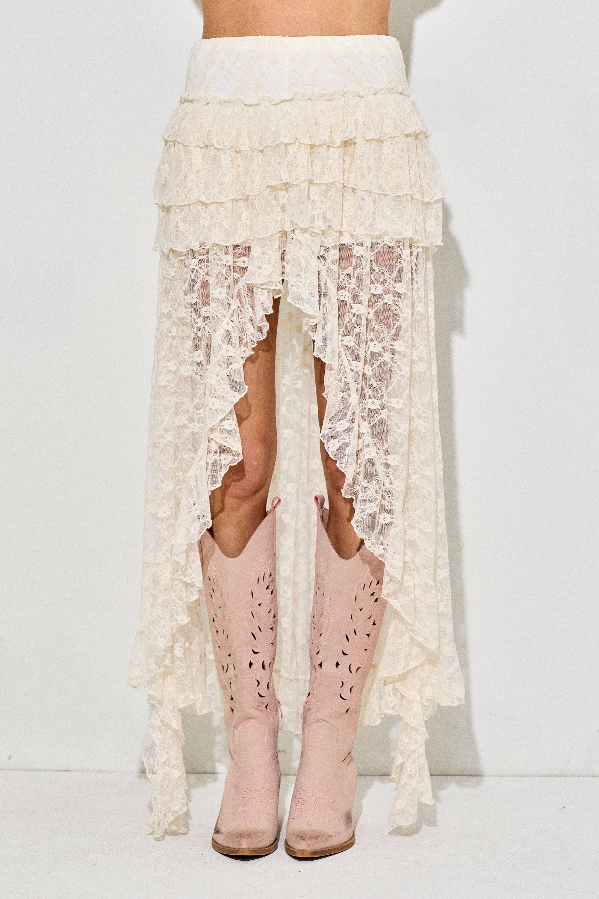 Lace Ruffle High-Low Maxi Skirt