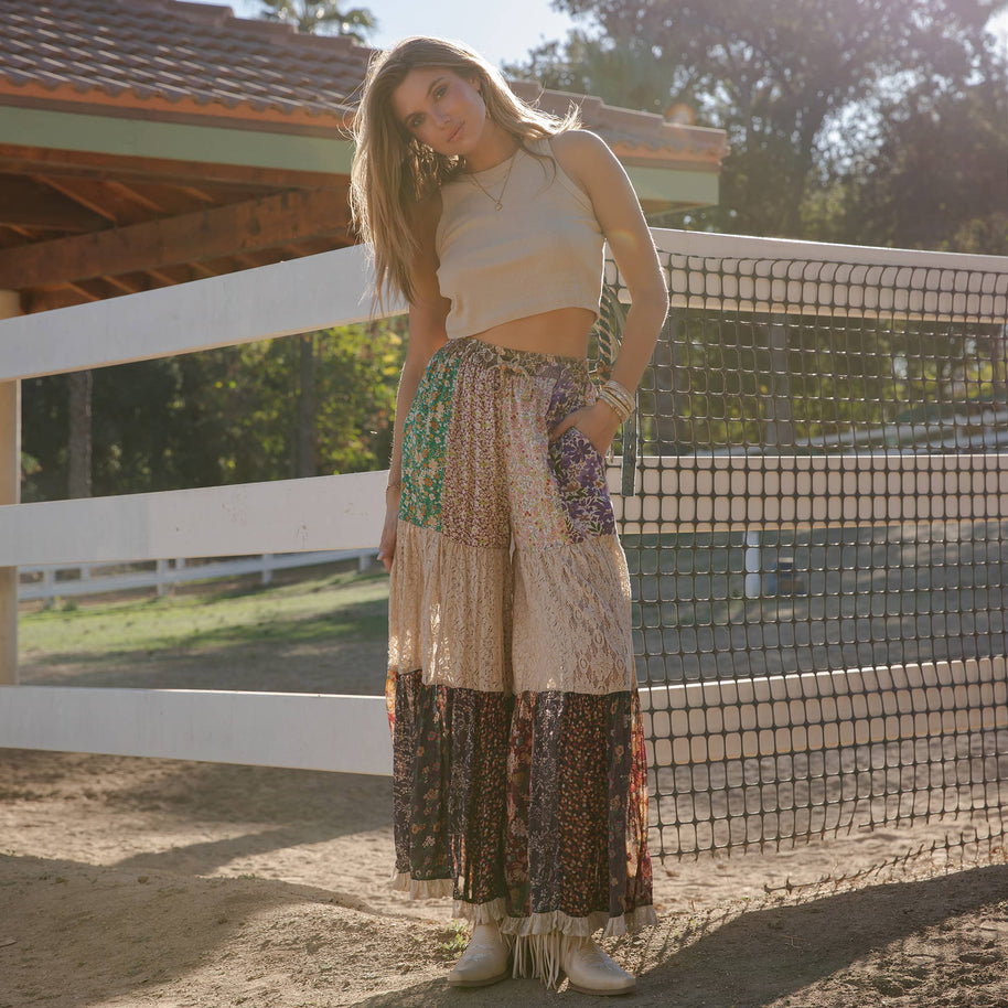 Boho Patchwork Print Tiered Lace Flare Pants (Wide Legs) 