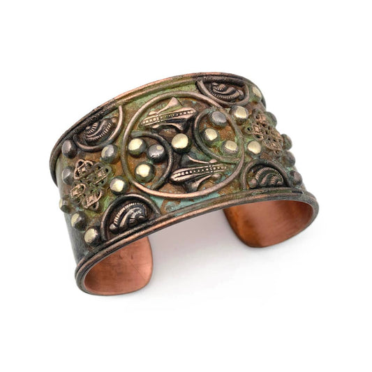 Rivets and Filigree with Circles Green Patina Copper Cuff