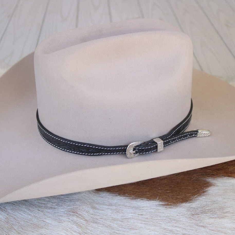 Black Tooled Leather Buckle Hat Band