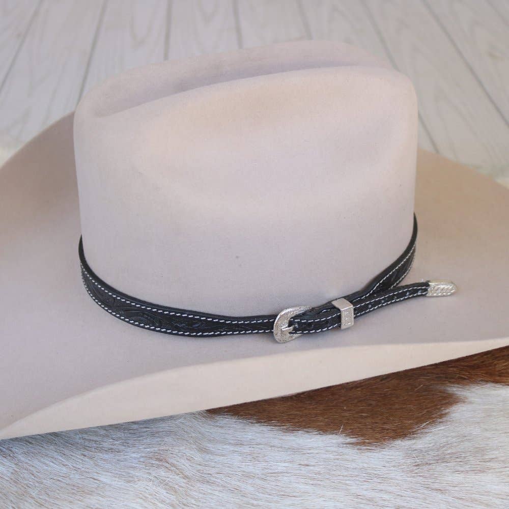 Black Tooled Leather Buckle Hat Band
