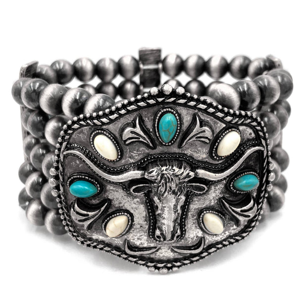 Metal Longhorn Western Trophy Buckle Chunky Beaded Bracelet