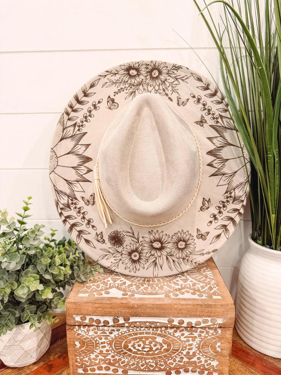 Engraved Floral Rancher Hat, Full Brim