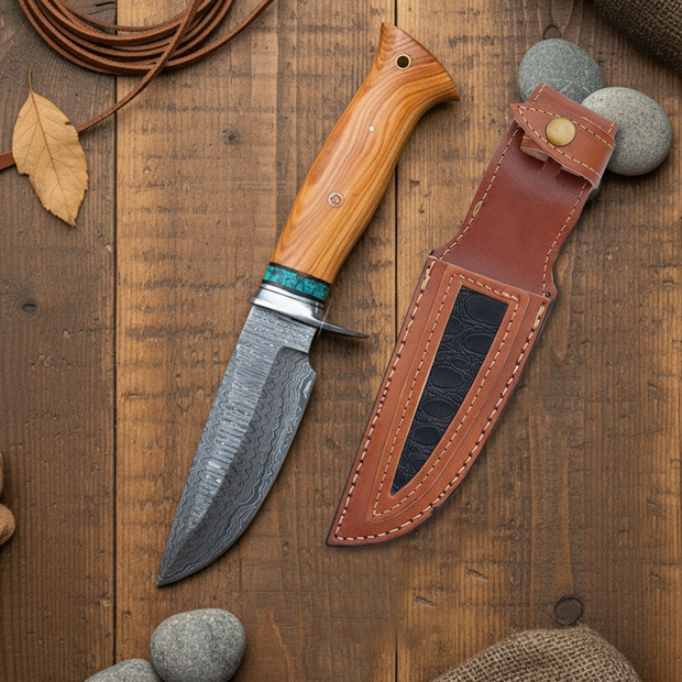 10" Damascus Knife with Turquoise Inlay, Handmade