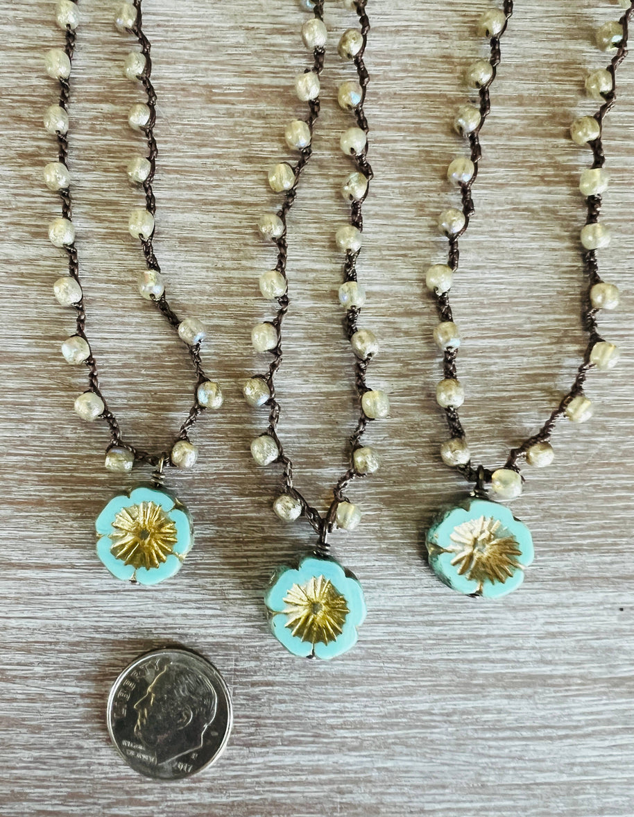 Golden Aqua Crystal Flower Crocheted Necklace