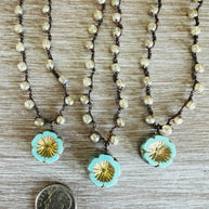 Golden Aqua Crystal Flower Crocheted Necklace