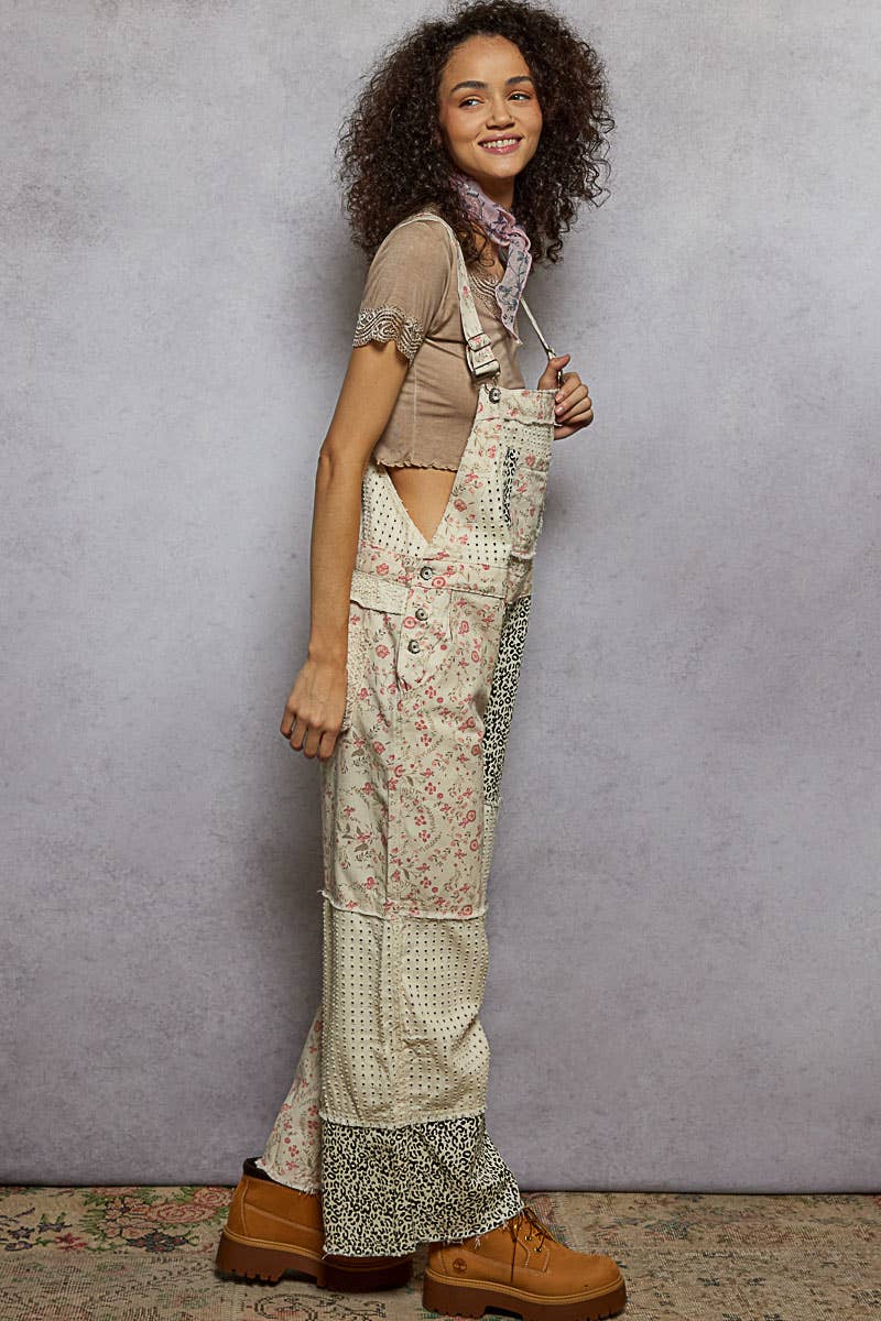 Animal Print & Floral Overalls, Cream