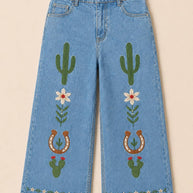 Wide Leg Embroidered Denim Pants