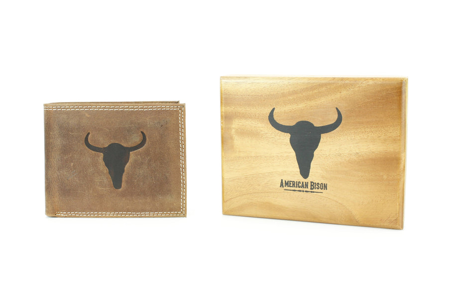 Men’s Bi-Fold Wallet with Bison Skull, Tan