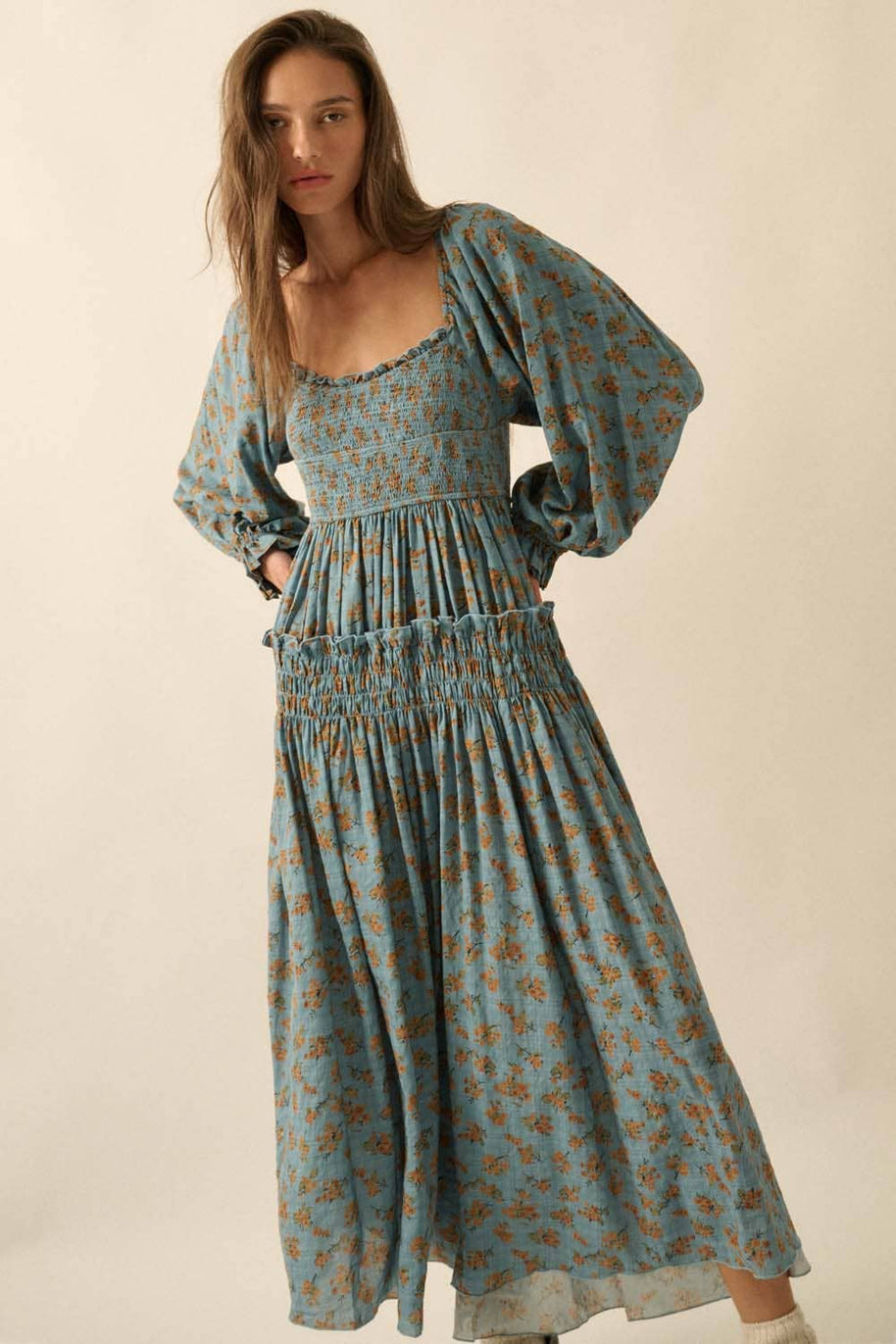 Smocked Floral Bubble-Sleeve Midi Dress, Blue