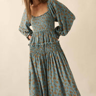 Smocked Floral Bubble-Sleeve Midi Dress, Blue