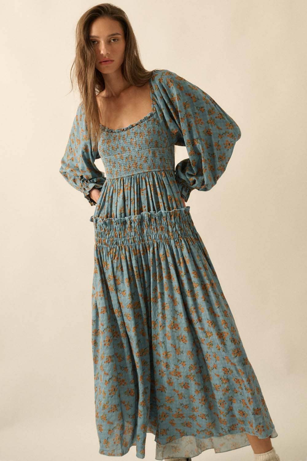 Smocked Floral Bubble-Sleeve Midi Dress, Blue