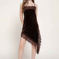Straight Neck Lace Trim Asymmetrical Velvet Mini Dress