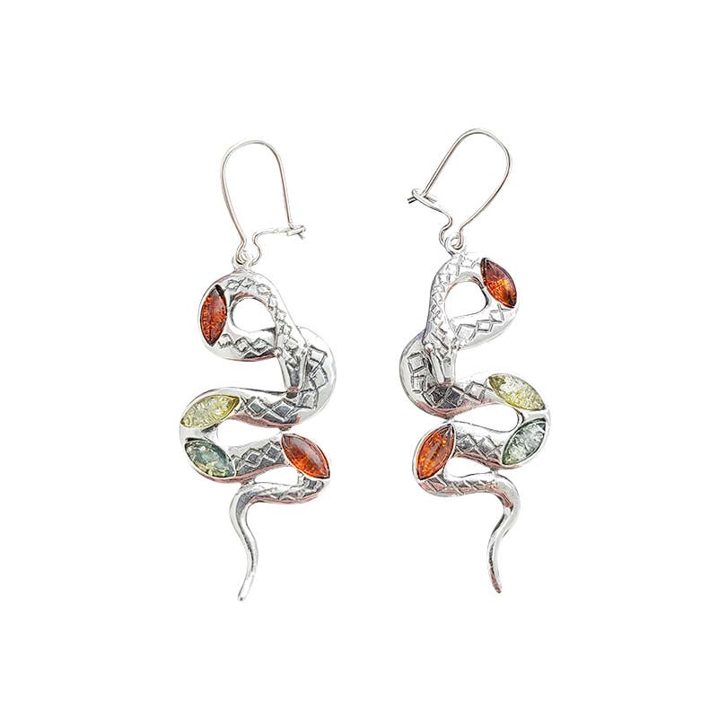 Multi-Color Amber Sterling Silver Snake Earrings on Hooks