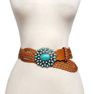 Hand Braided Leather Belt with Turquoise Buckle
