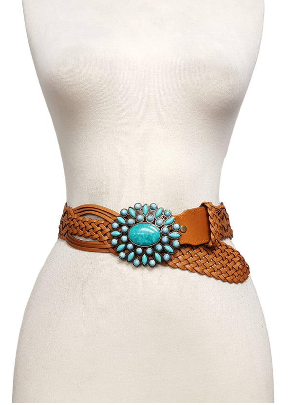Hand Braided Leather Belt with Turquoise Buckle