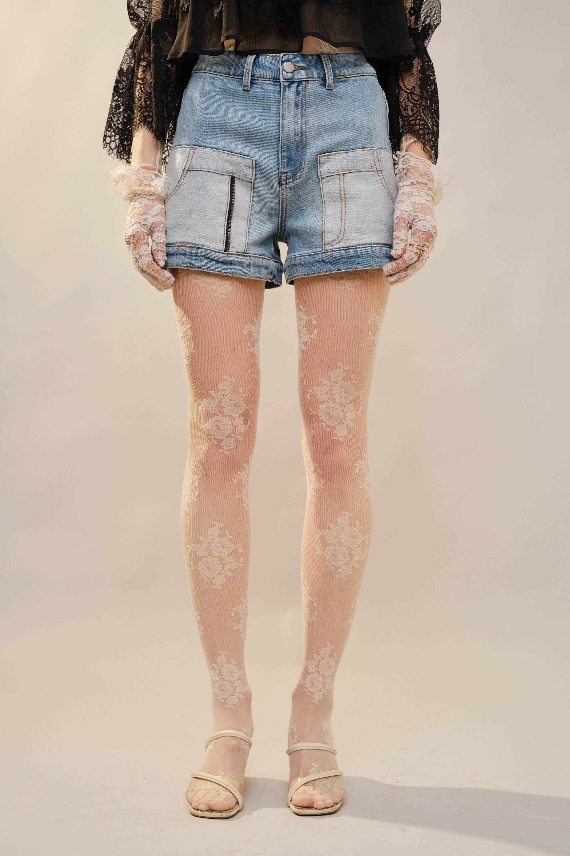 High Rise Patch Pocket Denim Shorts