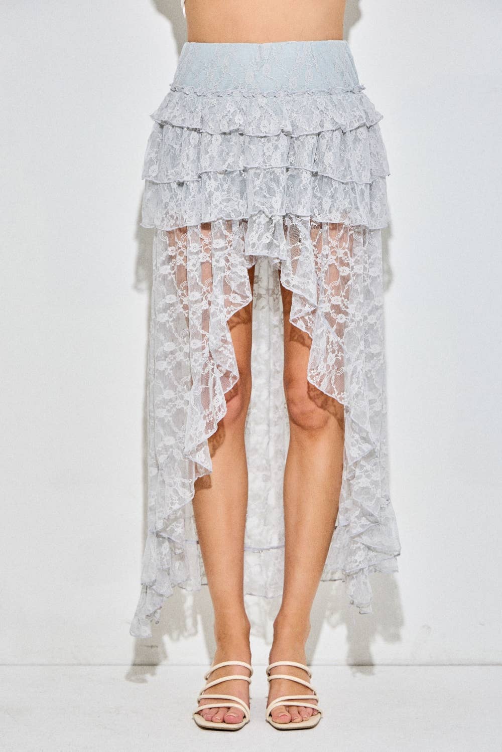 Lace Ruffle Tiered High-Low Maxi Skirt, light blue