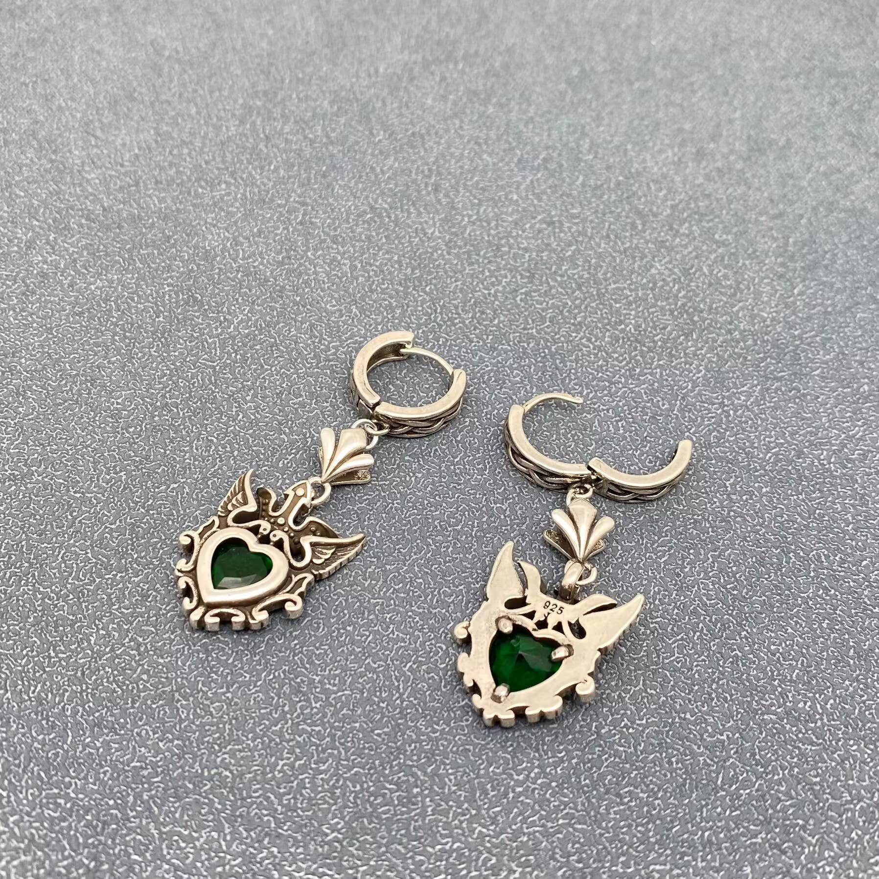 Gothic Crown Heart Charm Huggie Earrings Silver Plated