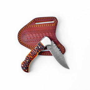 Stag Horn Style Damascus Folding Knife with Leather Sheath