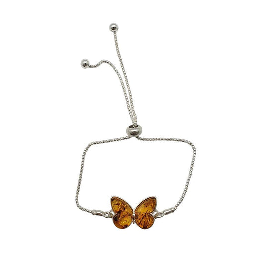 Butterfly Cognac Amber Silver Adjustable Link Bracelet