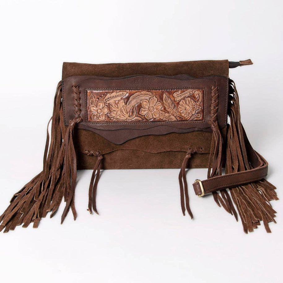 Suede Leather & Fringe Purse Clutch, Espresso
