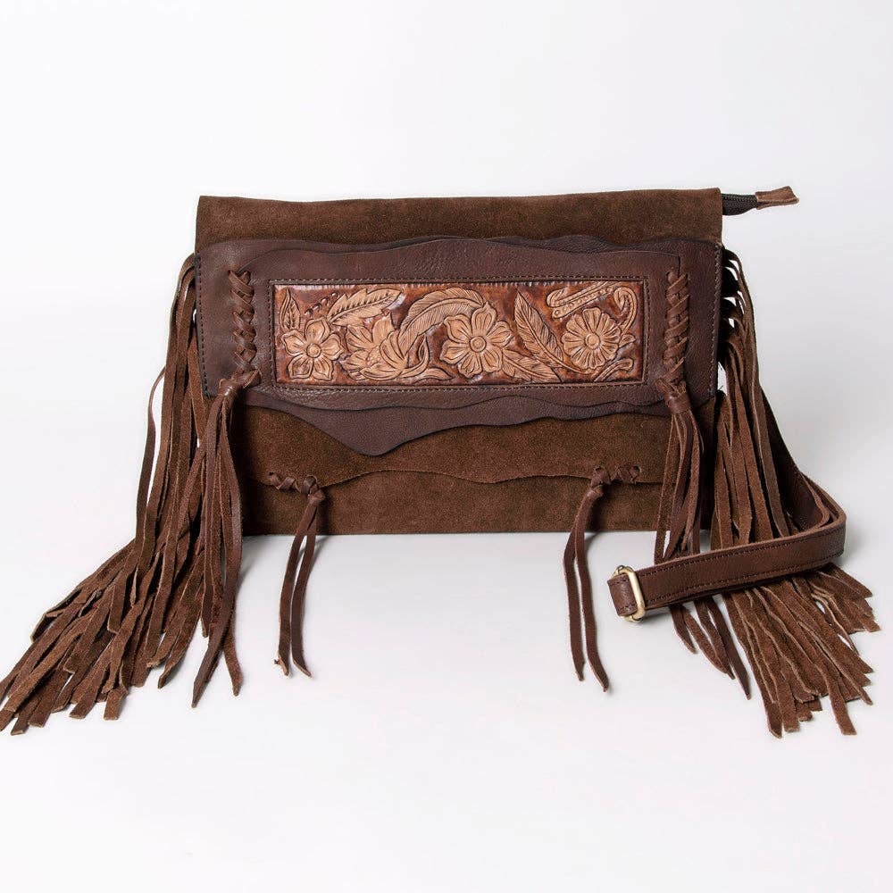 Suede Leather & Fringe Purse Clutch, Espresso
