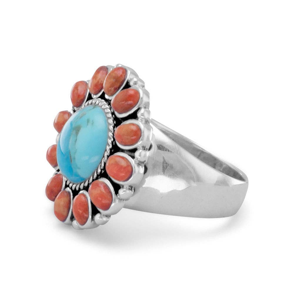 Turquoise and Coral Sterling Sunburst Ring