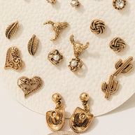 Pearl Hearts And Western Themed Stud Earrings Set
