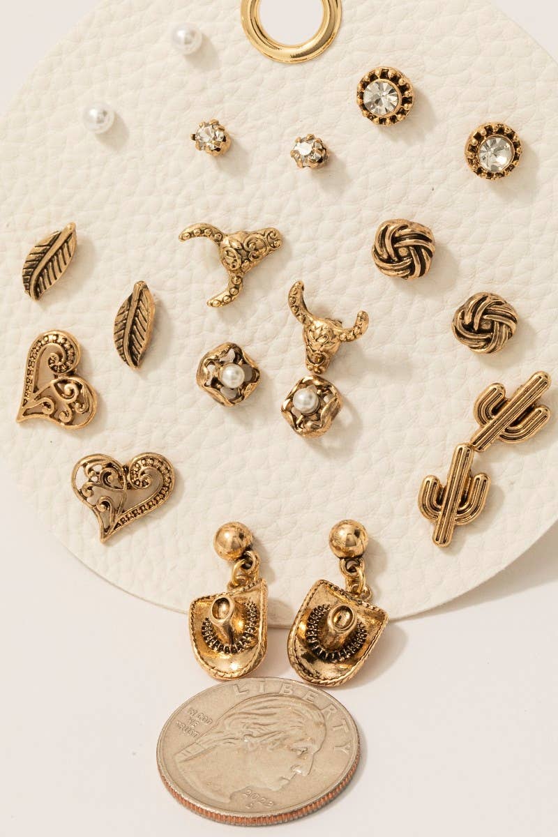 Pearl Hearts And Western Themed Stud Earrings Set